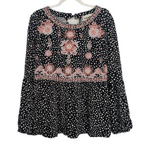 Savanna Jane Embroidered Floral Shirt Womens Size Small Black Polka Dot Boho